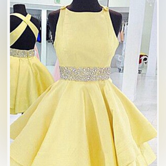 Mac Duggal Yellow Satin Open Back Dress with Beading - Picture 4 of 4